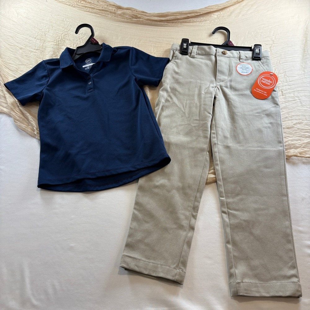 Boys School Uniform Tan Khaki Pants / Navy Blue Tagless Pullover Polo Sz 6 NWT